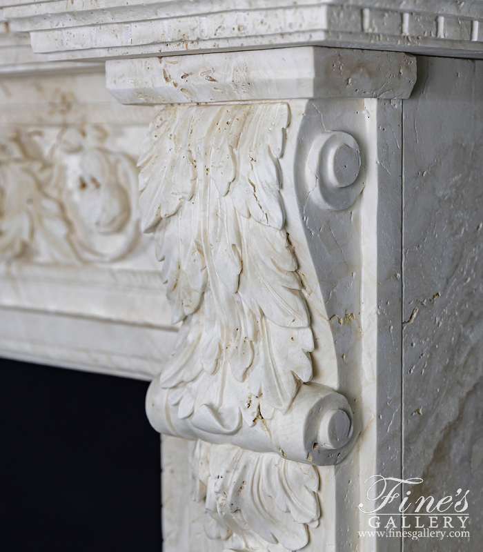 Marble Fireplaces  - Floral Scrollwork Mantel In Italian Ivory Travertine - MFP-2539